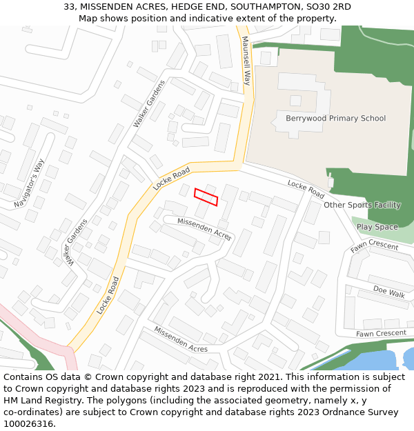 33, MISSENDEN ACRES, HEDGE END, SOUTHAMPTON, SO30 2RD: Location map and indicative extent of plot