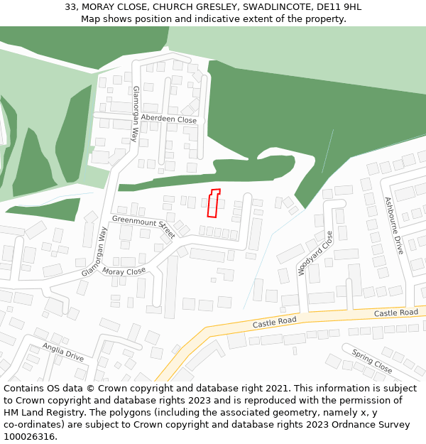 33, MORAY CLOSE, CHURCH GRESLEY, SWADLINCOTE, DE11 9HL: Location map and indicative extent of plot