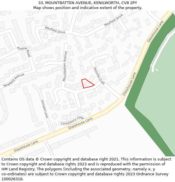 33, MOUNTBATTEN AVENUE, KENILWORTH, CV8 2PY: Location map and indicative extent of plot
