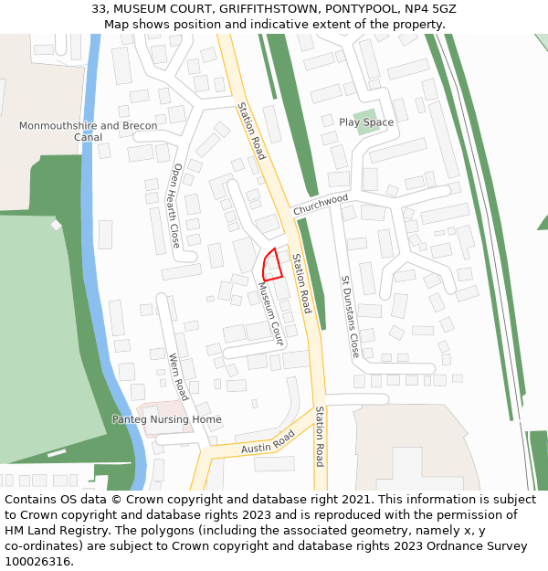 33, MUSEUM COURT, GRIFFITHSTOWN, PONTYPOOL, NP4 5GZ: Location map and indicative extent of plot