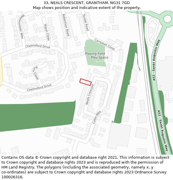 33, NEALS CRESCENT, GRANTHAM, NG31 7GD: Location map and indicative extent of plot