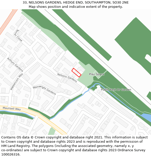 33, NELSONS GARDENS, HEDGE END, SOUTHAMPTON, SO30 2NE: Location map and indicative extent of plot