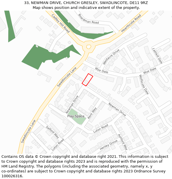 33, NEWMAN DRIVE, CHURCH GRESLEY, SWADLINCOTE, DE11 9RZ: Location map and indicative extent of plot