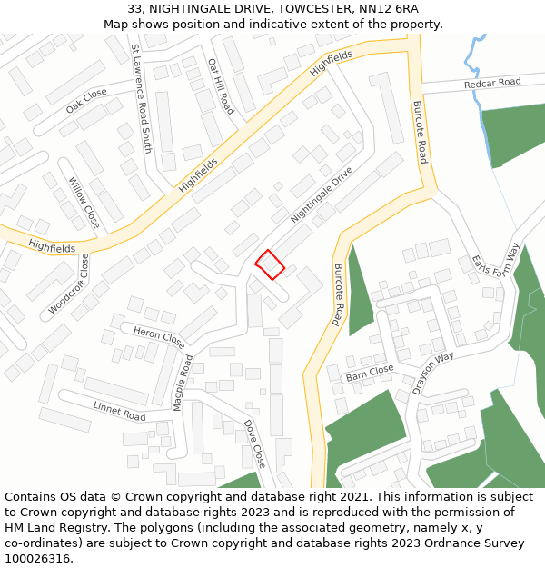 33, NIGHTINGALE DRIVE, TOWCESTER, NN12 6RA: Location map and indicative extent of plot