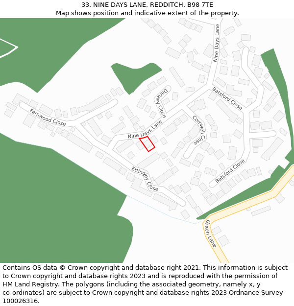 33, NINE DAYS LANE, REDDITCH, B98 7TE: Location map and indicative extent of plot