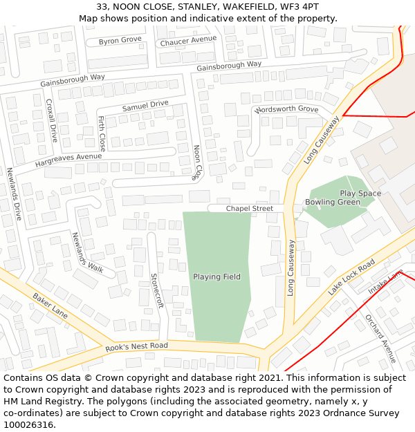 33, NOON CLOSE, STANLEY, WAKEFIELD, WF3 4PT: Location map and indicative extent of plot