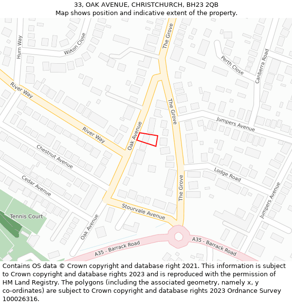 33, OAK AVENUE, CHRISTCHURCH, BH23 2QB: Location map and indicative extent of plot