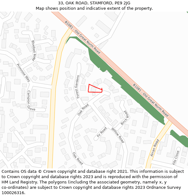 33, OAK ROAD, STAMFORD, PE9 2JG: Location map and indicative extent of plot