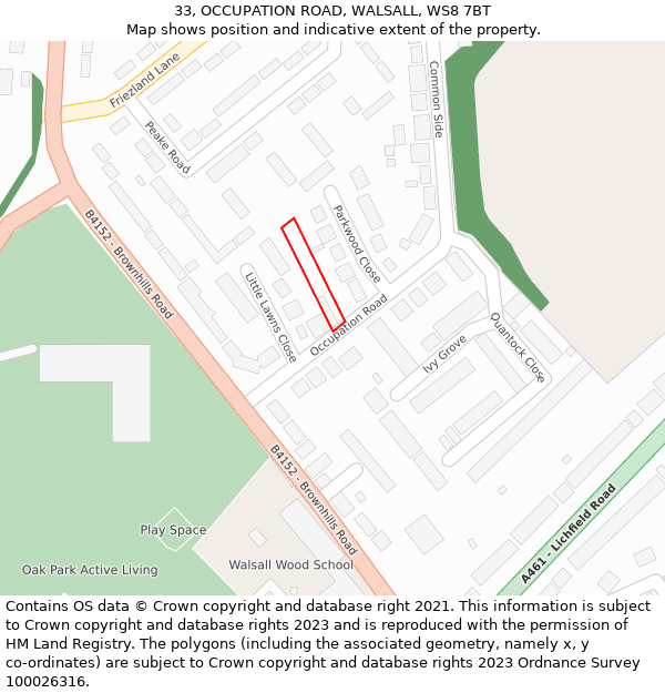 33, OCCUPATION ROAD, WALSALL, WS8 7BT: Location map and indicative extent of plot