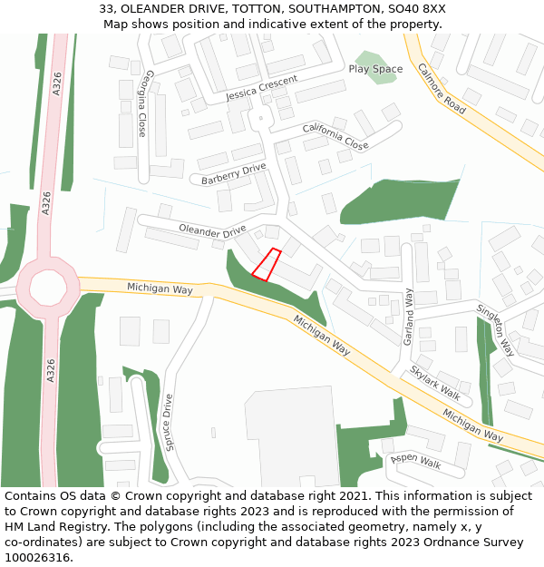 33, OLEANDER DRIVE, TOTTON, SOUTHAMPTON, SO40 8XX: Location map and indicative extent of plot