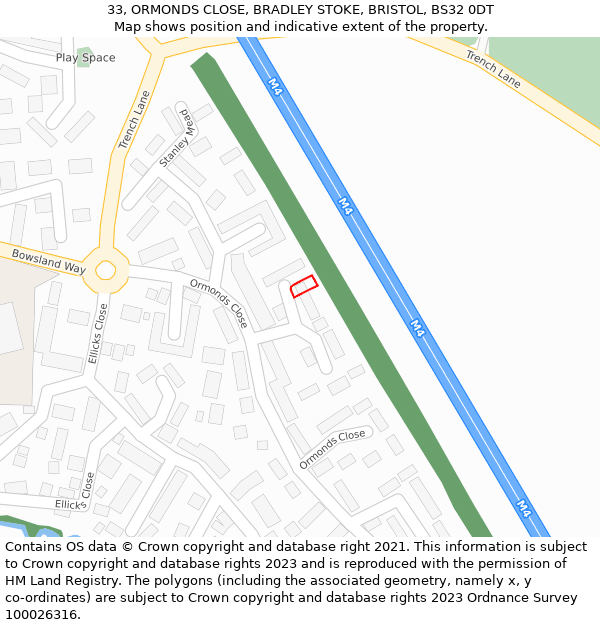 33, ORMONDS CLOSE, BRADLEY STOKE, BRISTOL, BS32 0DT: Location map and indicative extent of plot