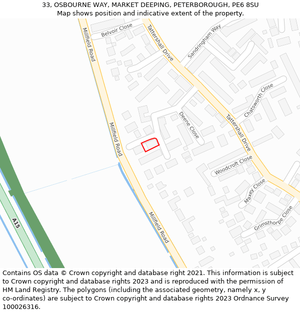 33, OSBOURNE WAY, MARKET DEEPING, PETERBOROUGH, PE6 8SU: Location map and indicative extent of plot