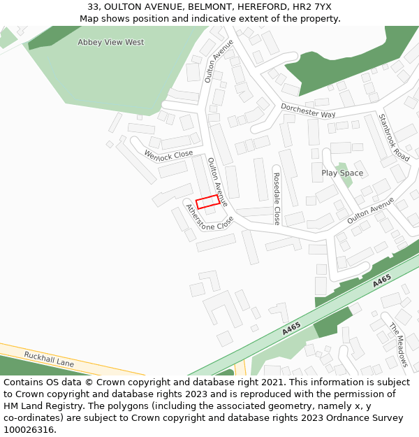 33, OULTON AVENUE, BELMONT, HEREFORD, HR2 7YX: Location map and indicative extent of plot