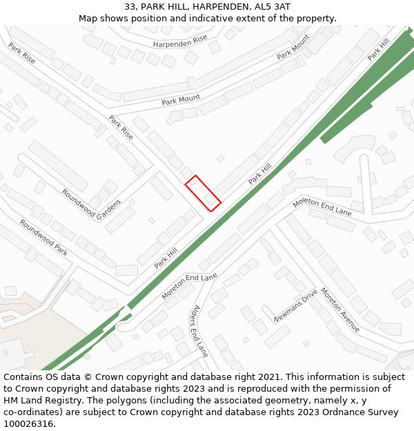 33, PARK HILL, HARPENDEN, AL5 3AT: Location map and indicative extent of plot