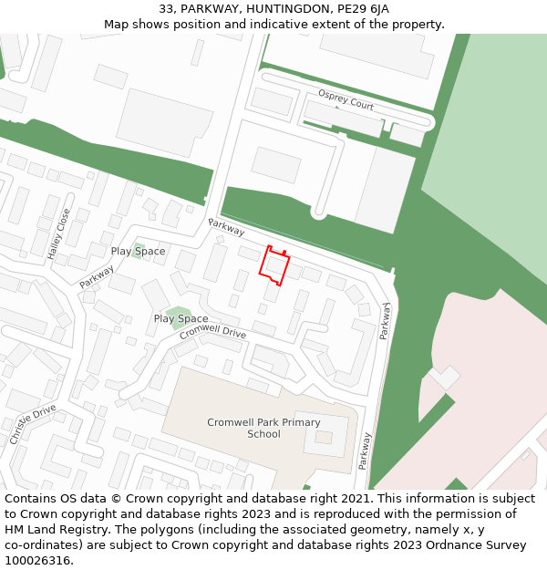 33, PARKWAY, HUNTINGDON, PE29 6JA: Location map and indicative extent of plot