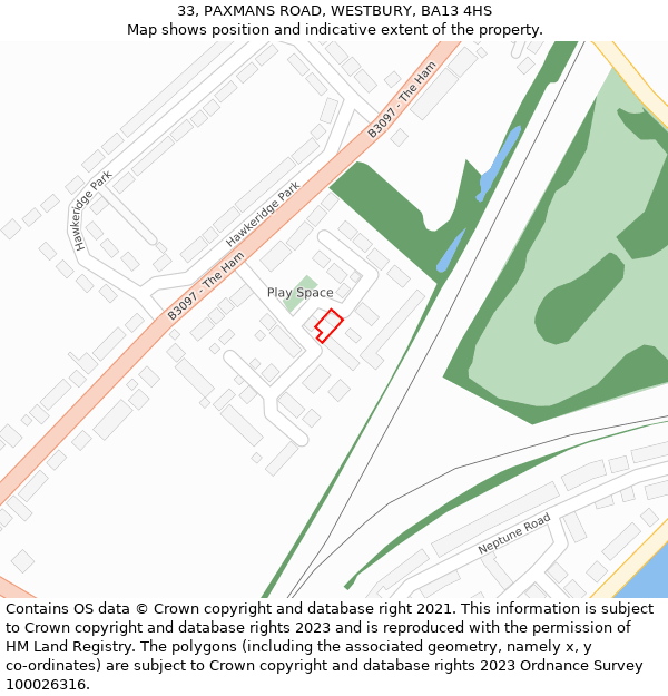 33, PAXMANS ROAD, WESTBURY, BA13 4HS: Location map and indicative extent of plot