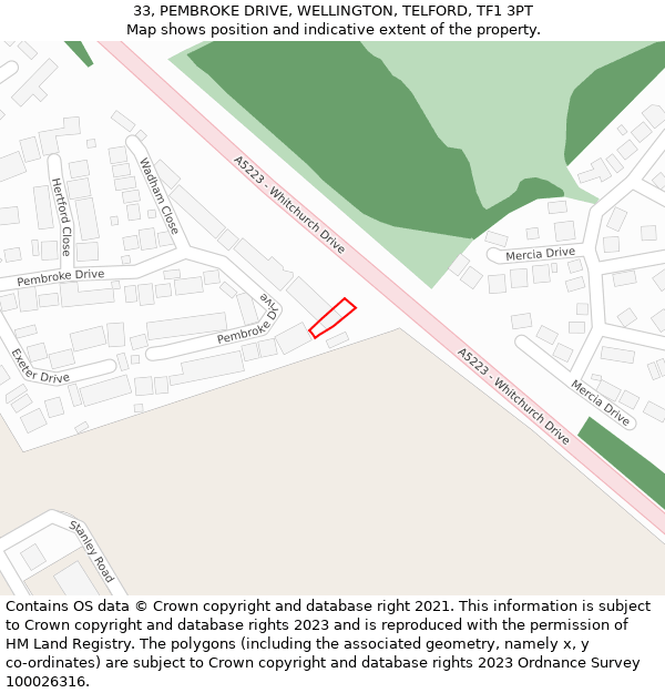 33, PEMBROKE DRIVE, WELLINGTON, TELFORD, TF1 3PT: Location map and indicative extent of plot