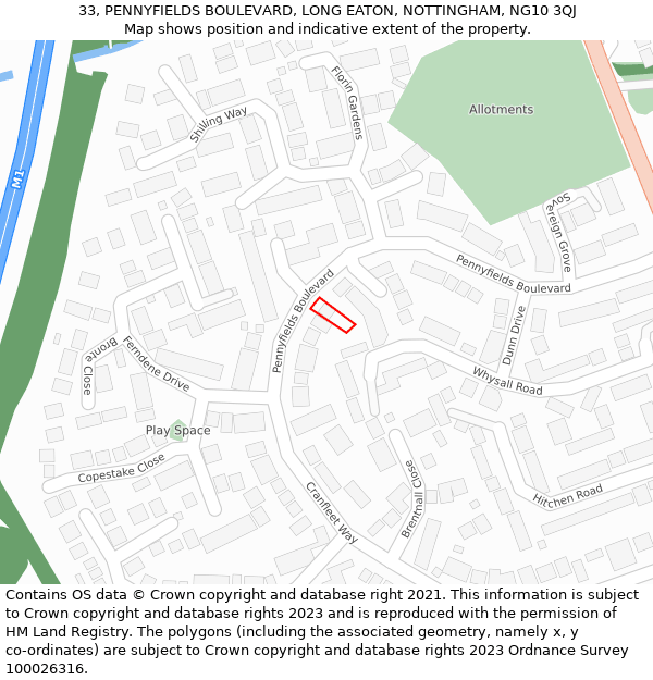 33, PENNYFIELDS BOULEVARD, LONG EATON, NOTTINGHAM, NG10 3QJ: Location map and indicative extent of plot