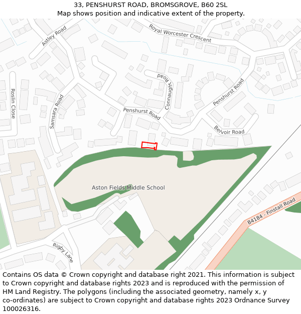 33, PENSHURST ROAD, BROMSGROVE, B60 2SL: Location map and indicative extent of plot