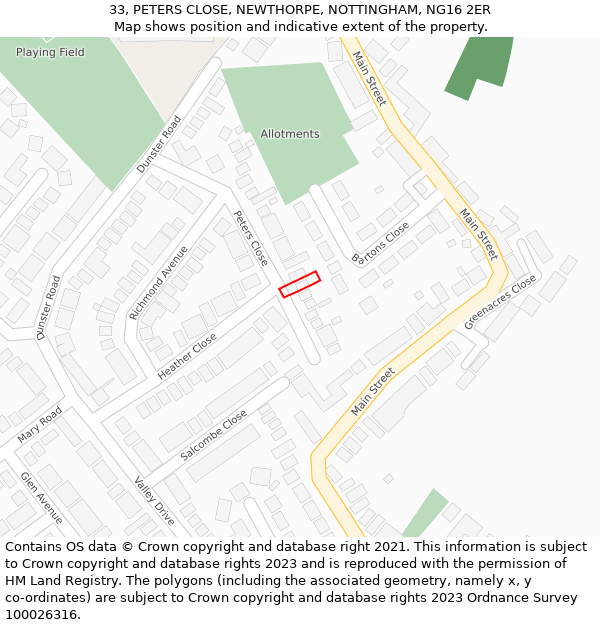 33, PETERS CLOSE, NEWTHORPE, NOTTINGHAM, NG16 2ER: Location map and indicative extent of plot