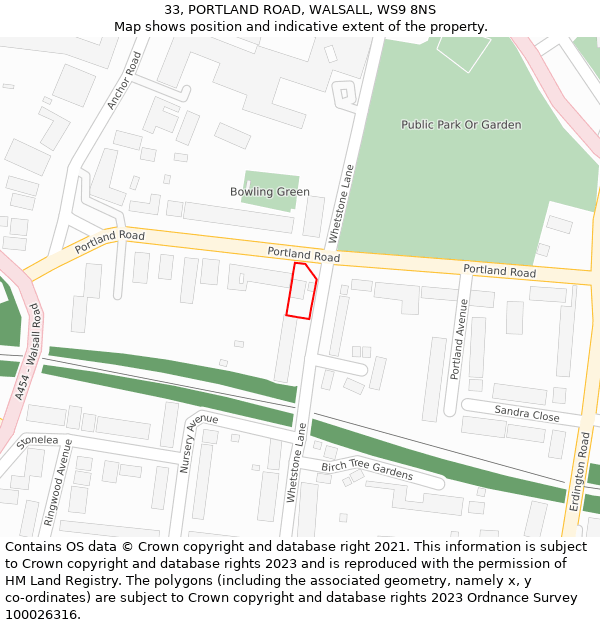33, PORTLAND ROAD, WALSALL, WS9 8NS: Location map and indicative extent of plot