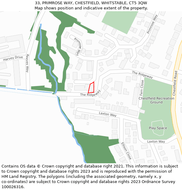 33, PRIMROSE WAY, CHESTFIELD, WHITSTABLE, CT5 3QW: Location map and indicative extent of plot