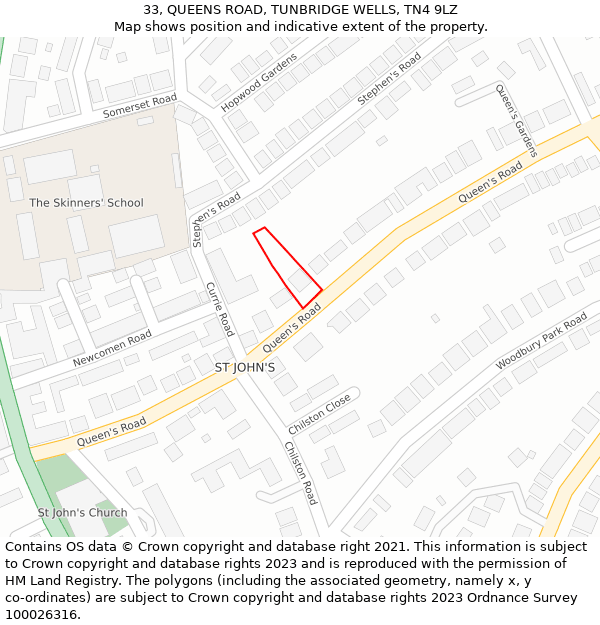 33, QUEENS ROAD, TUNBRIDGE WELLS, TN4 9LZ: Location map and indicative extent of plot