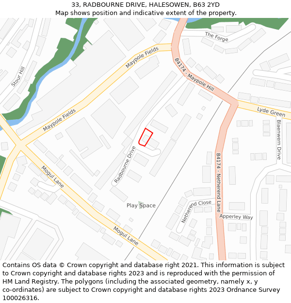 33, RADBOURNE DRIVE, HALESOWEN, B63 2YD: Location map and indicative extent of plot
