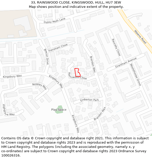 33, RAINSWOOD CLOSE, KINGSWOOD, HULL, HU7 3EW: Location map and indicative extent of plot