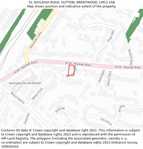 33, RAYLEIGH ROAD, HUTTON, BRENTWOOD, CM13 1AB: Location map and indicative extent of plot