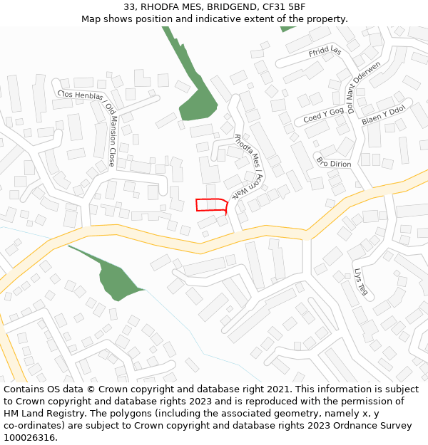 33, RHODFA MES, BRIDGEND, CF31 5BF: Location map and indicative extent of plot