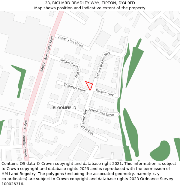 33, RICHARD BRADLEY WAY, TIPTON, DY4 9FD: Location map and indicative extent of plot