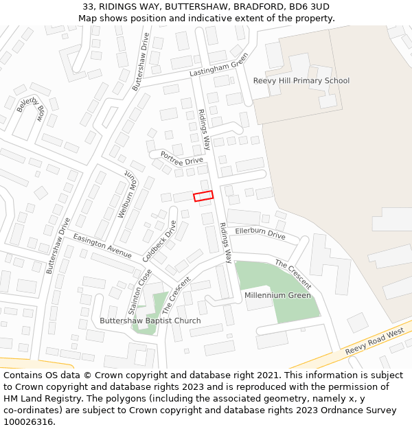 33, RIDINGS WAY, BUTTERSHAW, BRADFORD, BD6 3UD: Location map and indicative extent of plot