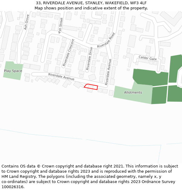 33, RIVERDALE AVENUE, STANLEY, WAKEFIELD, WF3 4LF: Location map and indicative extent of plot