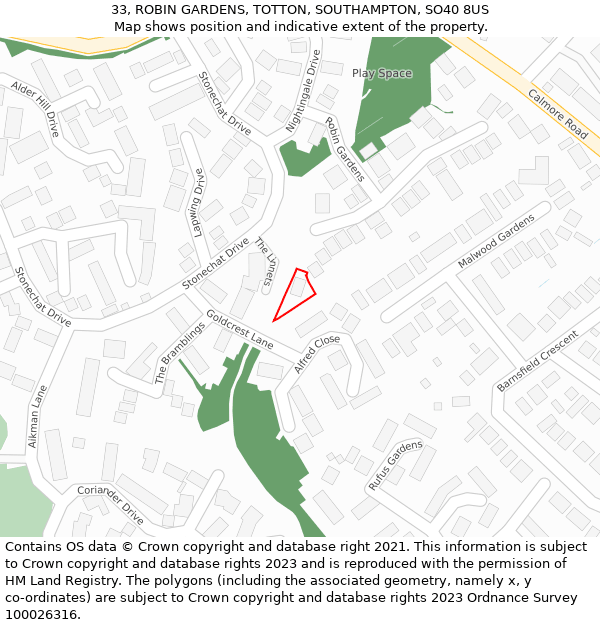 33, ROBIN GARDENS, TOTTON, SOUTHAMPTON, SO40 8US: Location map and indicative extent of plot