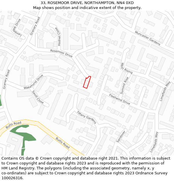 33, ROSEMOOR DRIVE, NORTHAMPTON, NN4 0XD: Location map and indicative extent of plot