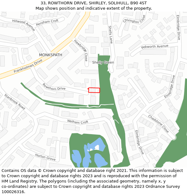 33, ROWTHORN DRIVE, SHIRLEY, SOLIHULL, B90 4ST: Location map and indicative extent of plot