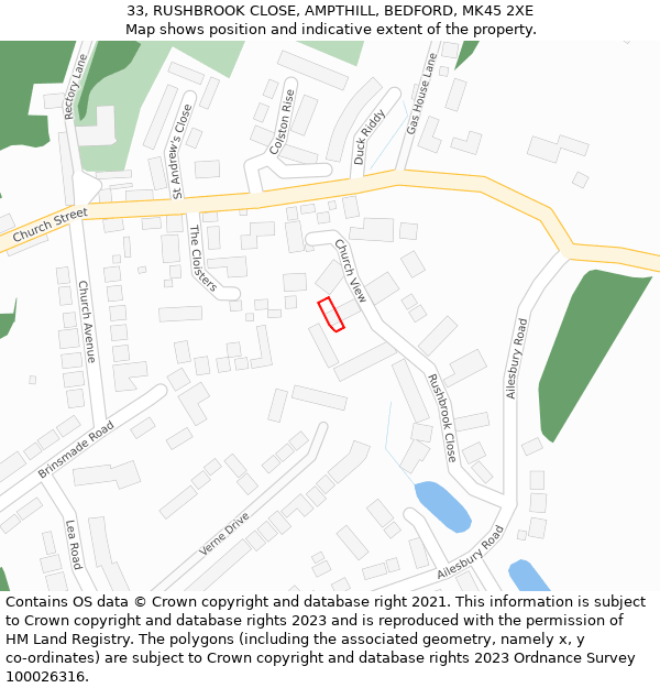 33, RUSHBROOK CLOSE, AMPTHILL, BEDFORD, MK45 2XE: Location map and indicative extent of plot