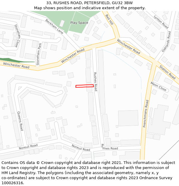 33, RUSHES ROAD, PETERSFIELD, GU32 3BW: Location map and indicative extent of plot