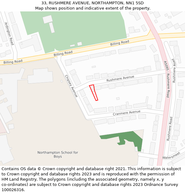 33, RUSHMERE AVENUE, NORTHAMPTON, NN1 5SD: Location map and indicative extent of plot
