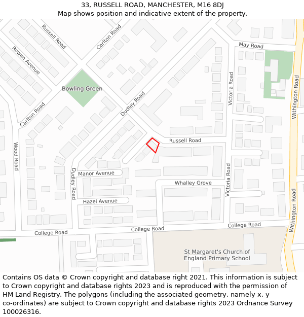 33, RUSSELL ROAD, MANCHESTER, M16 8DJ: Location map and indicative extent of plot