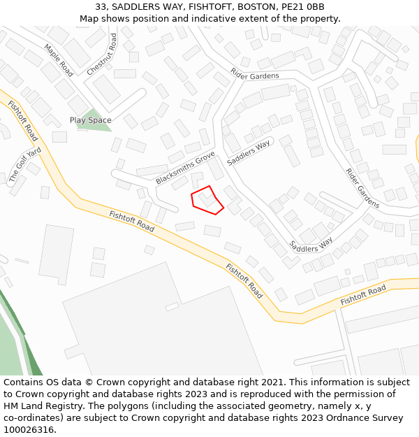 33, SADDLERS WAY, FISHTOFT, BOSTON, PE21 0BB: Location map and indicative extent of plot