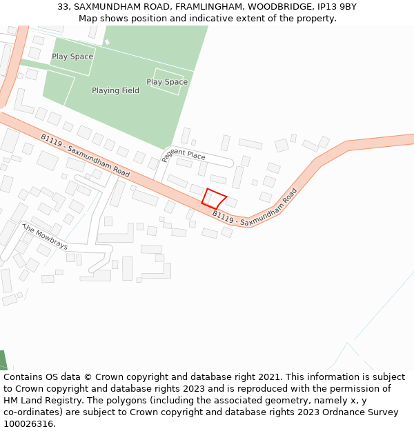 33, SAXMUNDHAM ROAD, FRAMLINGHAM, WOODBRIDGE, IP13 9BY: Location map and indicative extent of plot
