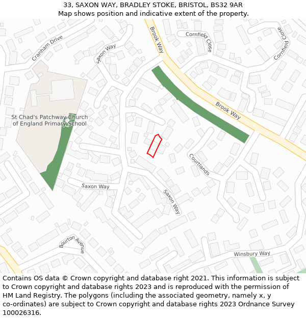 33, SAXON WAY, BRADLEY STOKE, BRISTOL, BS32 9AR: Location map and indicative extent of plot