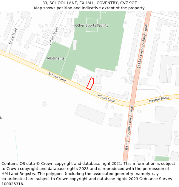 33, SCHOOL LANE, EXHALL, COVENTRY, CV7 9GE: Location map and indicative extent of plot