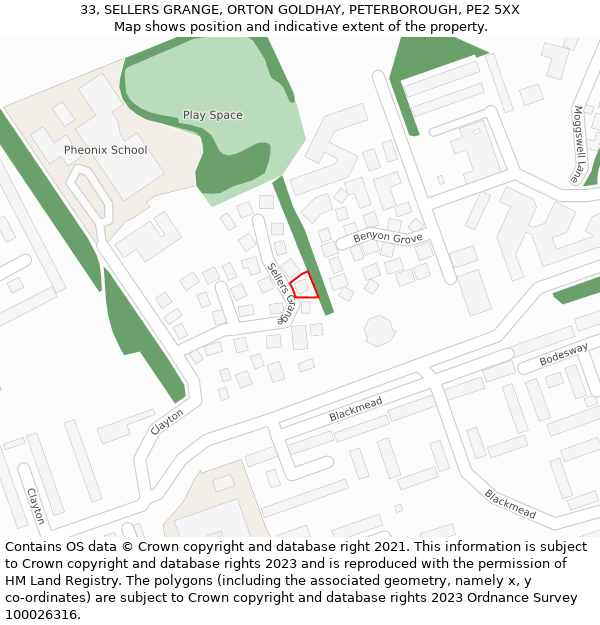 33, SELLERS GRANGE, ORTON GOLDHAY, PETERBOROUGH, PE2 5XX: Location map and indicative extent of plot