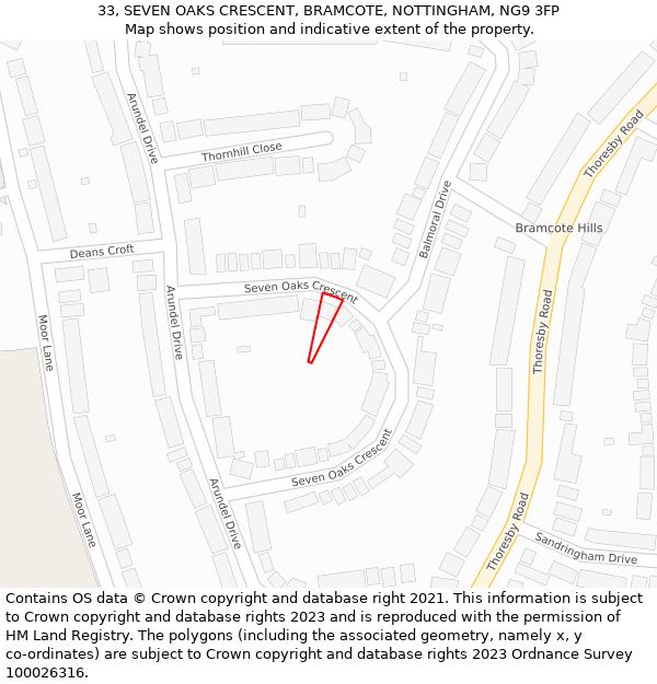 33, SEVEN OAKS CRESCENT, BRAMCOTE, NOTTINGHAM, NG9 3FP: Location map and indicative extent of plot