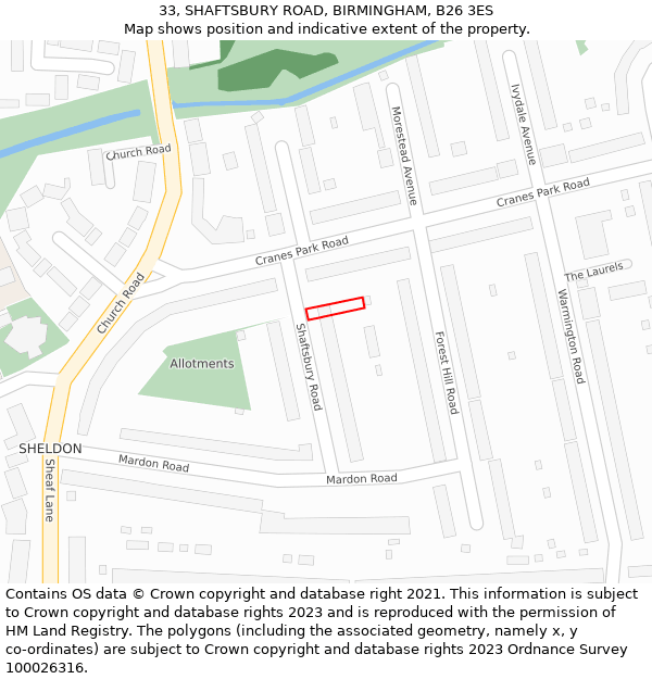 33, SHAFTSBURY ROAD, BIRMINGHAM, B26 3ES: Location map and indicative extent of plot