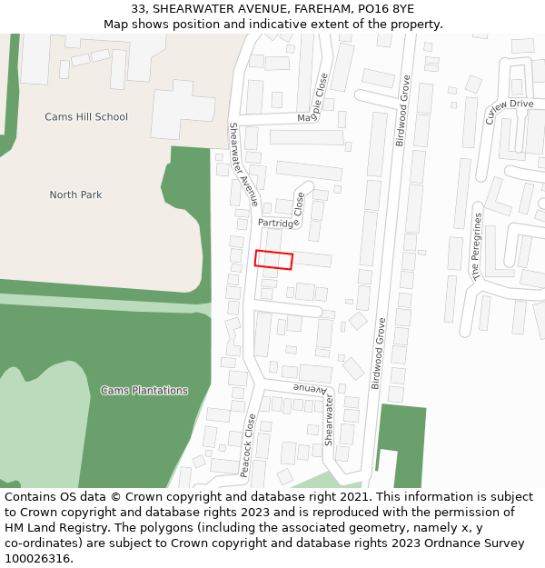 33, SHEARWATER AVENUE, FAREHAM, PO16 8YE: Location map and indicative extent of plot