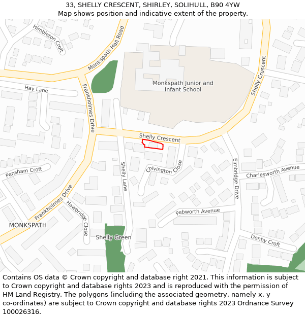 33, SHELLY CRESCENT, SHIRLEY, SOLIHULL, B90 4YW: Location map and indicative extent of plot